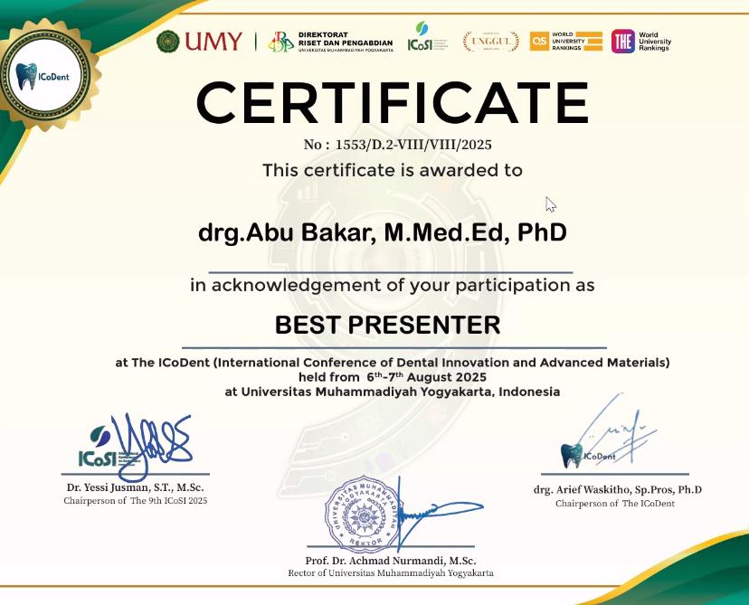 Doktor FKG Unbrah Abu Bakar Raih Capaian Best Presenter di Konferensi Internasional