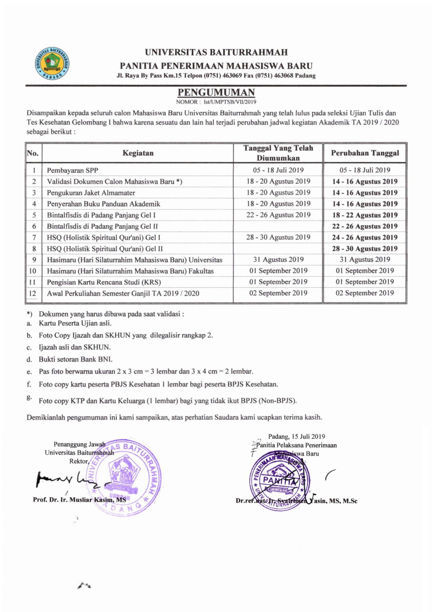 Perubahan Jadwal Validasi Berkas Penerimaan Mahasiswa Baru T.A. 2019/2020