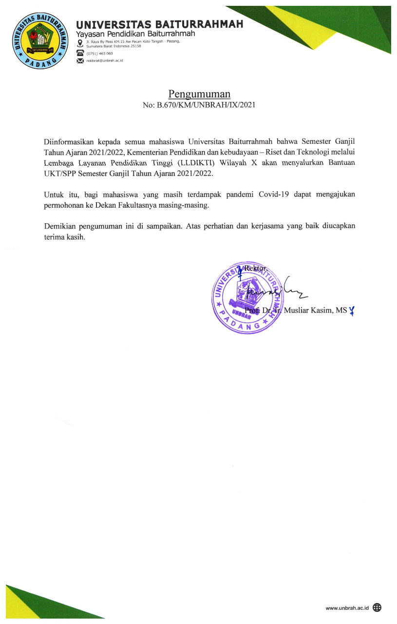 Pengumuman Pendaftaran Calon Penerima Bantuan UKT/SPP  Semester Gasal Tahun Akademik 2021/2022